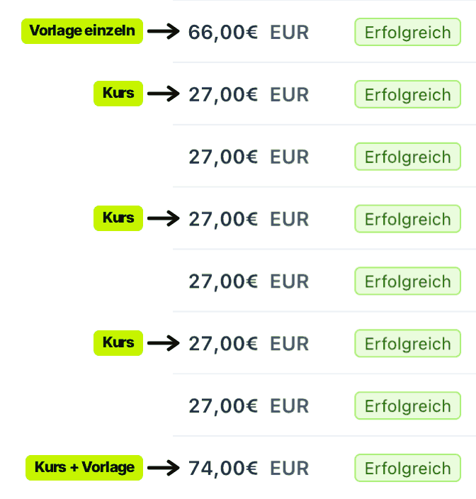 Stripe-Ausschnitt: weitere Käufe für 27 €, 66 € und 74 €