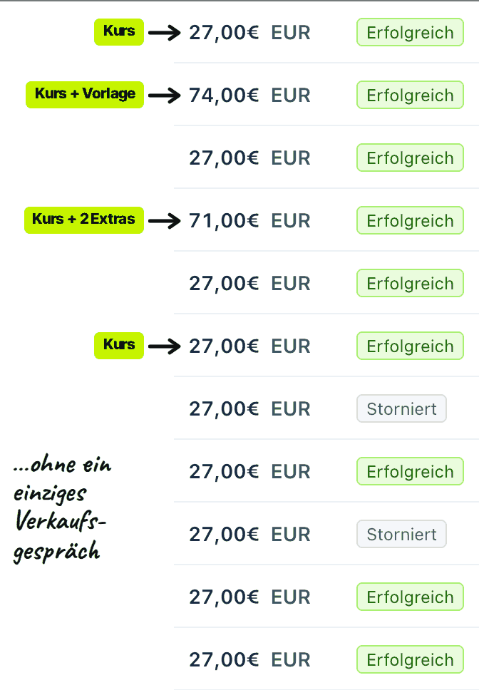 Stripe-Ausschnitt: weitere Käufe für 27 €, 71 € und 74 €, zwei storniert